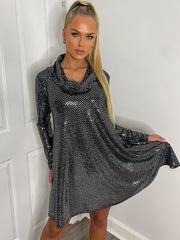 COWL NECK SEQUIN A LINE TUNIC SILVER