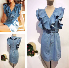 DENIM FRILL DRESS BLUE