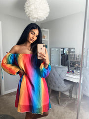 OFF THE SHOULDER RAINBOW TUNIC DRESS PINK