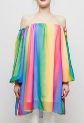 OFF THE SHOULDER RAINBOW TUNIC DRESS PINK