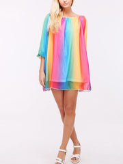 OFF THE SHOULDER RAINBOW TUNIC DRESS PINK